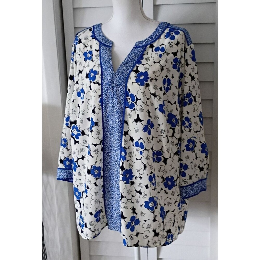 Talbots‎ Womens Popover Blouse Size 2X Blue White Floral Split Neck 3/4 Sleeve